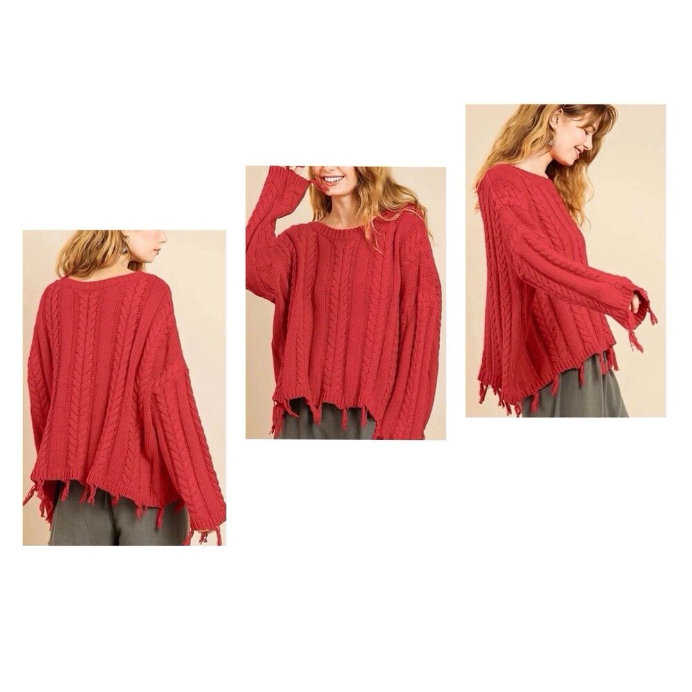 Umgee Cable Knit Sweater XL Red Dropped Shoulders Frayed Tassel Hem Fisherman - Picture 2 of 11